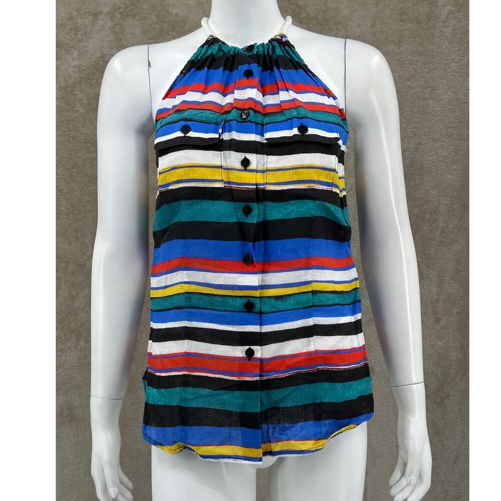Worth New York Top Womens 4 Multi Sleeveless Button Up Nautical 100% Linen Beach